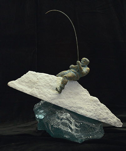 Angler, bronze, marble glass small sculpture